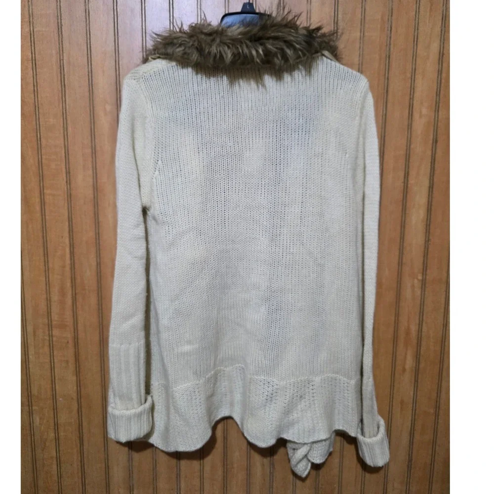 Venus Faux Fur Collar Cardigan Sweater Sz S Open Front Knit Cream Boho‎